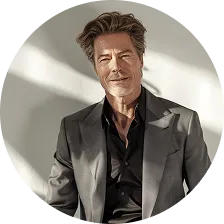 Smiling man with styled brown hair wearing a dark blazer and black shirt against a light background.