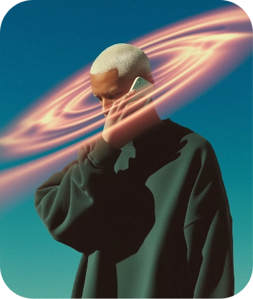 Person with platinum blonde hair holding a smartphone to their ear, surrounded by glowing abstract rings against a clear blue sky.