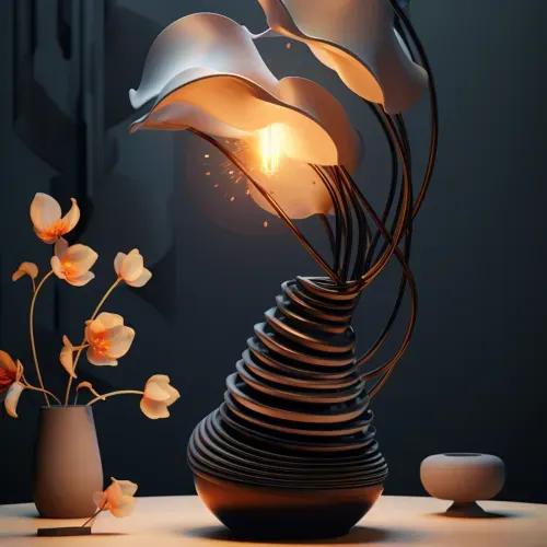 Modern artistic lamp resembling flowers with glowing bulbs in a dark room, next to a vase with orange flowers and a small round container.