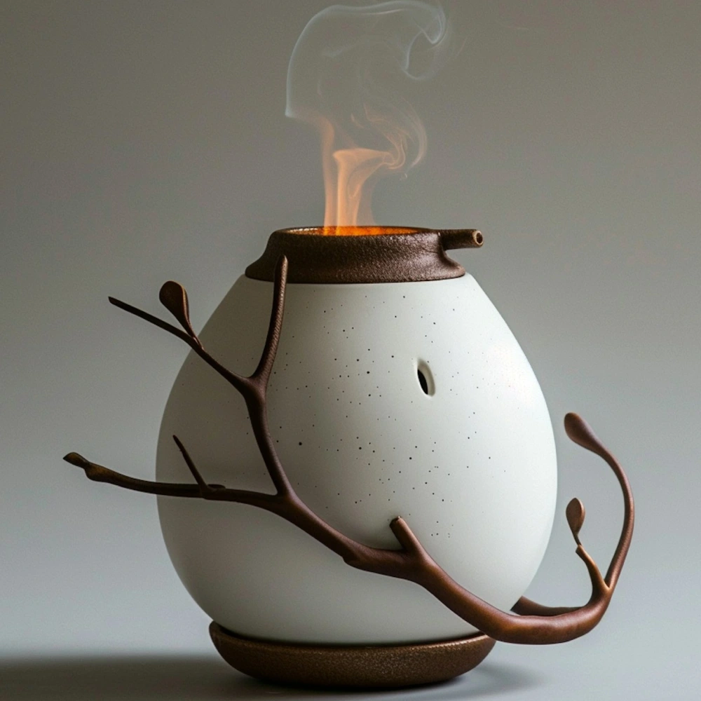 Modern ceramic incense burner with smoke rising from the top and a decorative branch-like handle.