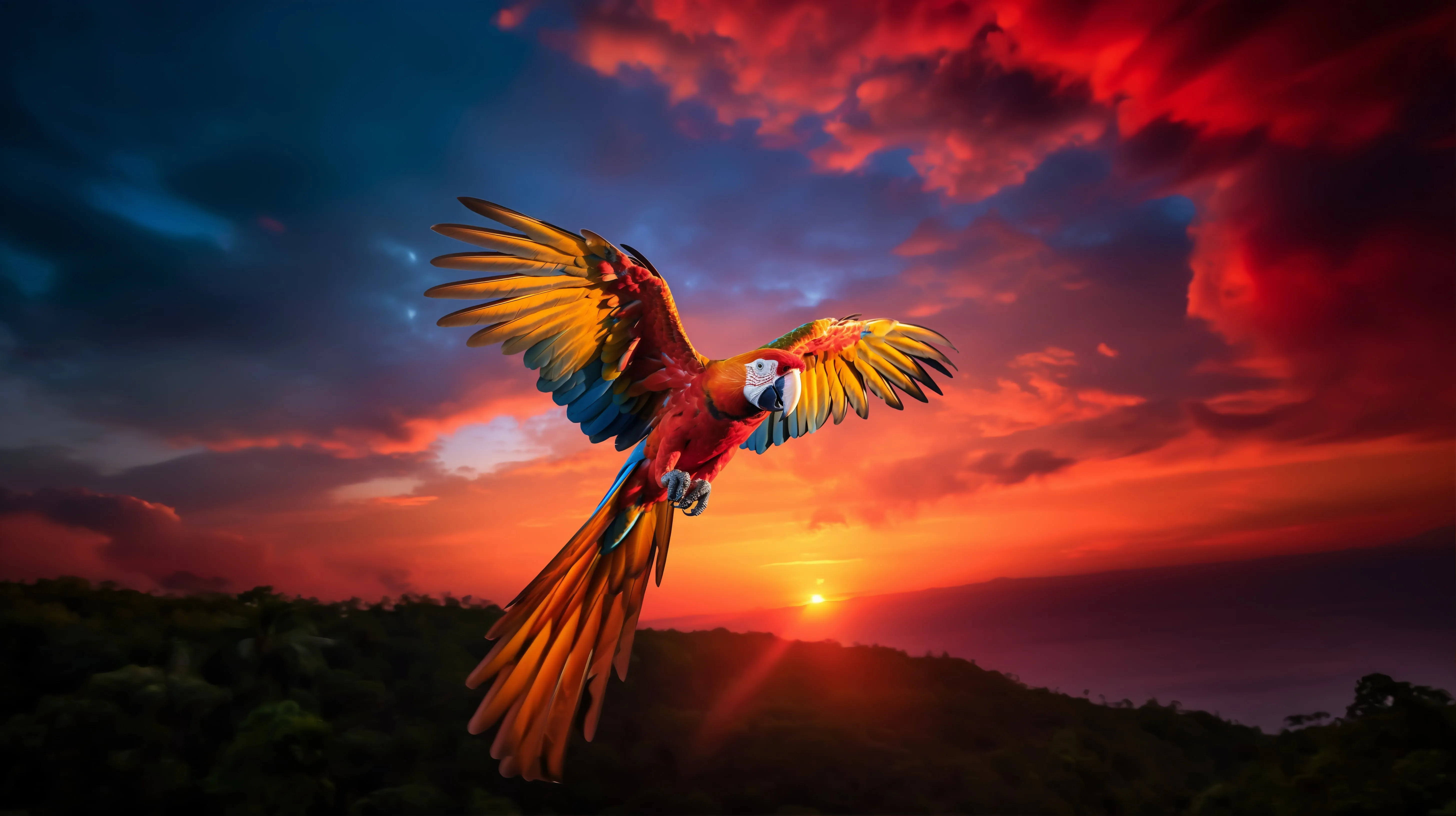 Brightly colored macaw parrot flying with wings spread against a vibrant sunset sky.
