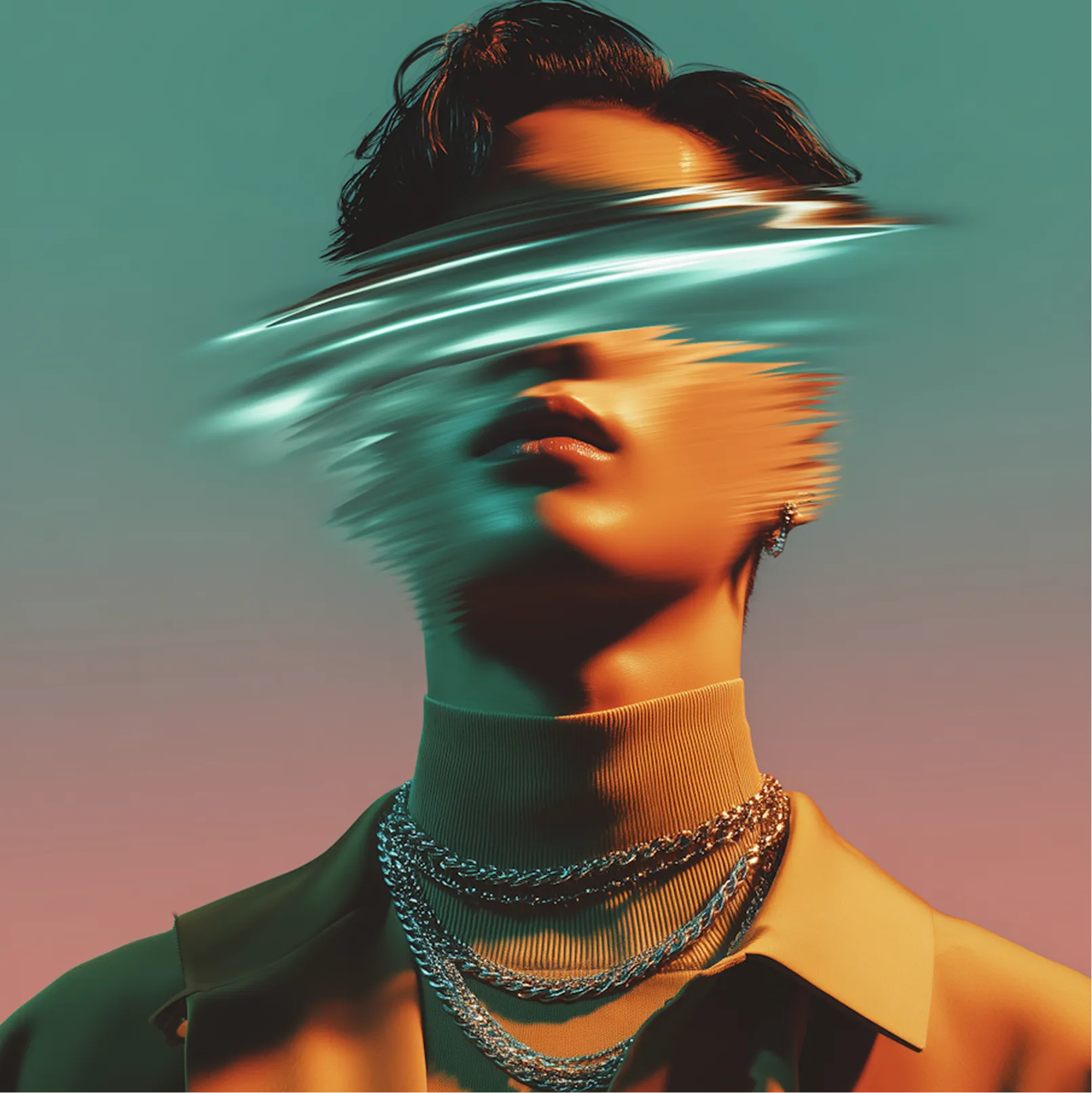 Stylized portrait of a person with short dark hair, wearing layered silver chains and a high-neck shirt, with a digital glitch effect obscuring the eyes.