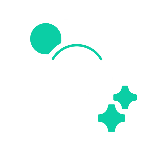 White light bulb icon with teal glowing stars and a sun symbol representing creativity and ideas.