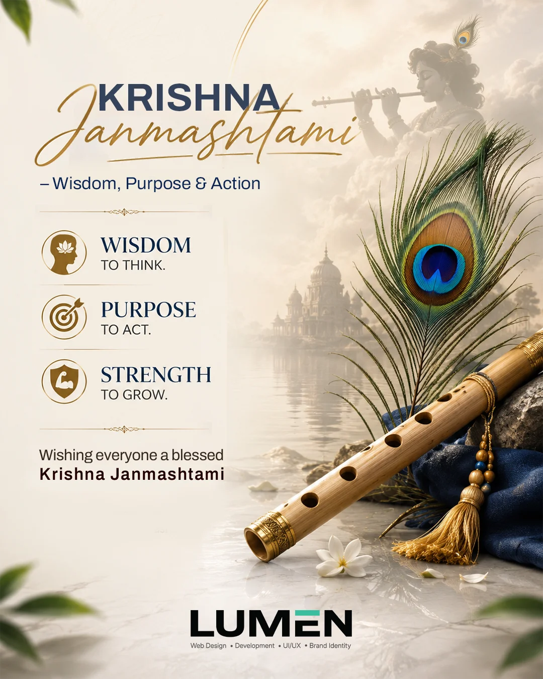 LUMEN Krishna Janmashtami post featuring the message “Wisdom, Purpose & Action.”