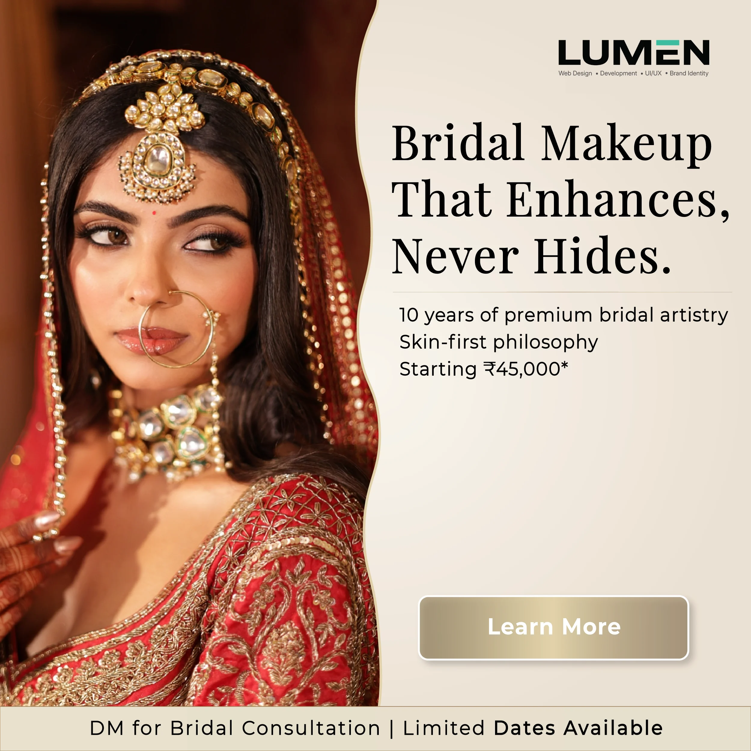 LUMEN bridal makeup post reading, “Bridal Makeup That Enhances, Never Hides.”