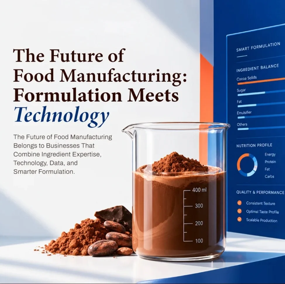 Promotional graphic for food manufacturing: beaker of chocolate powder and cocoa beans beside a blue smart formulation nutrition dashboard.