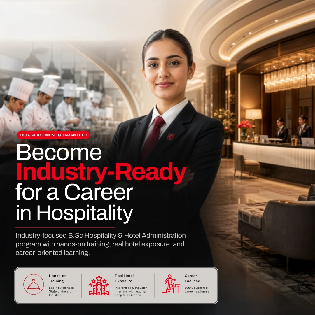 Hospitality career ad featuring a confident hotel professional, chefs, and luxury lobby; promotes industry-ready B.Sc. training with placement.